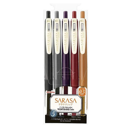 Zebra Sarasa Push Clip Gel Pen -  5 Vintage Colour Set 2 - 0.5 mm