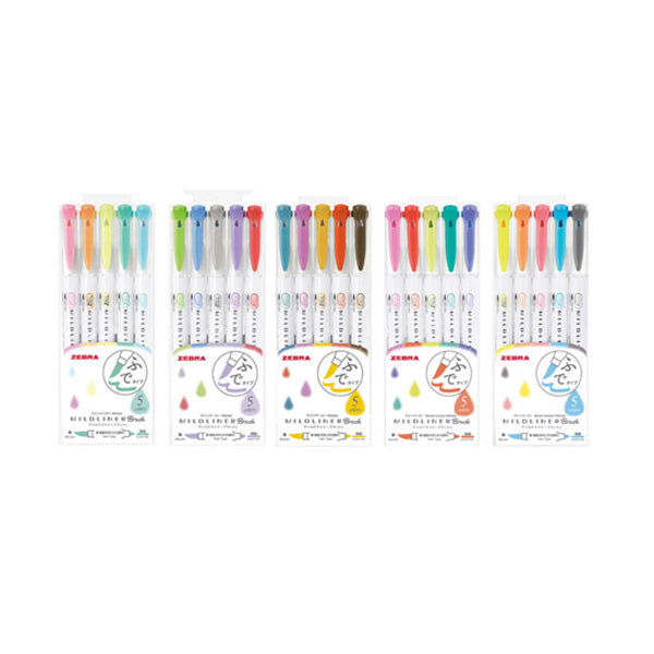 Zebra Mildliner Double-Sided Brush Pen - Fine Bullet Tip/Brush Tip - 5 Colour Set - 25 Colour Full Set - Brush Pens - Bunbougu