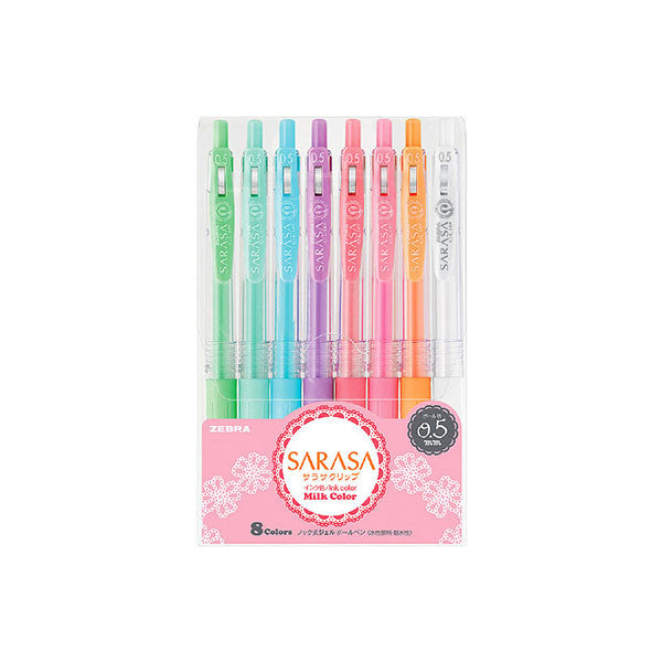 Zebra Sarasa Push Clip Gel Pen - 8 Milk Colour Set - 0.5 mm
