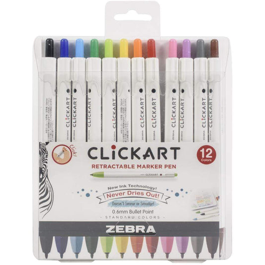 Zebra Click Art 0.6mm Bullet Point Marker Pens 12/Pkg Assorted Colors